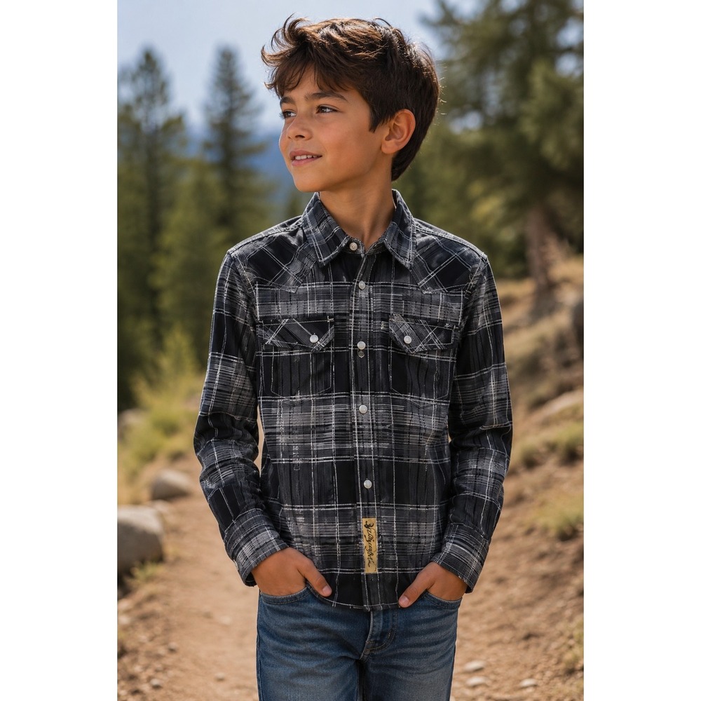 LARRY MAHAN XS Boys Black Gray Plaid Western Shirt Pearl Snaps -2326